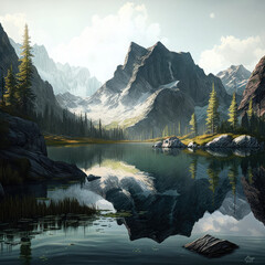 Serene lake with a mountain towering above, made by AI