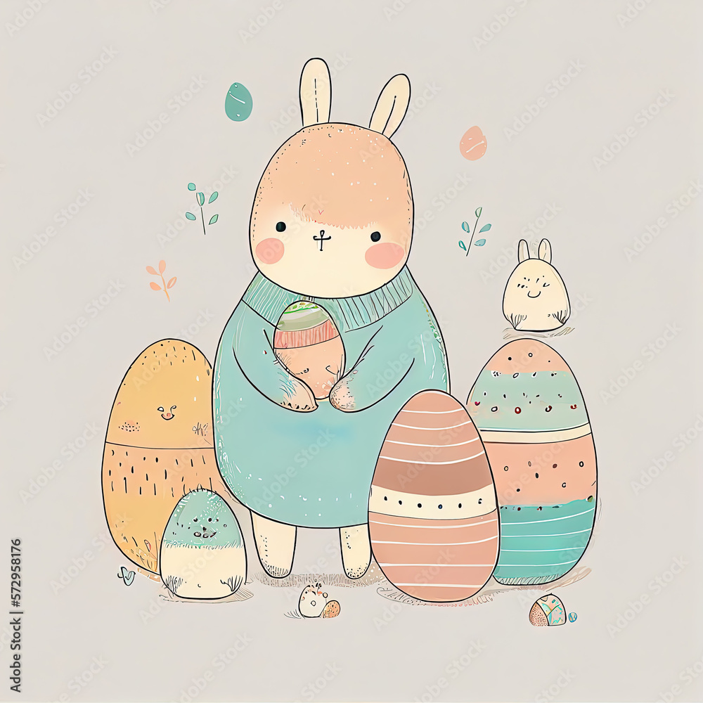 Wall mural Easter bunny with painted eggs created with Generative AI technology