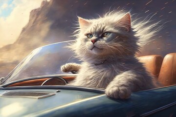 cat driving convertible sport car with fur blowing in the wind illustration generative ai - obrazy, fototapety, plakaty