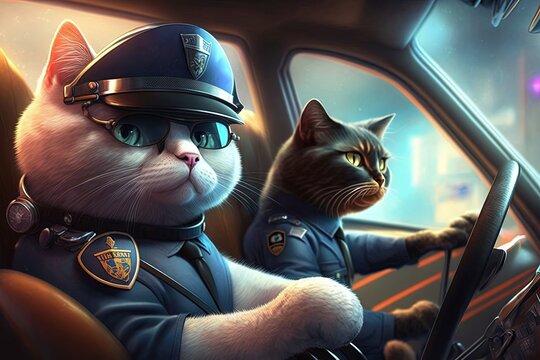 Cat in police uniform driving a squad in car patrol illustration generative ai