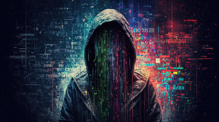Cyber criminality, computer fraud, hacker, data theft, cyberterrorism, altering of information, malicious code , computer worms or virus, concept. Generative AI.