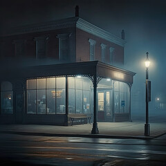Empty cafe at intersection, made by AI