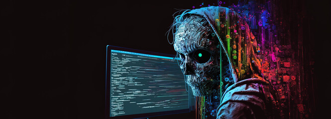 Cyber criminality, computer fraud, hacker, data theft, cyberterrorism, altering of information, malicious code , computer worms or virus, concept. Generative AI.