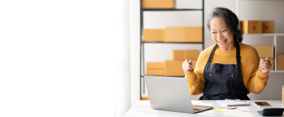 Happy successful small business owner celebrating her highest sales, raising her hands in the air with the excitement.
