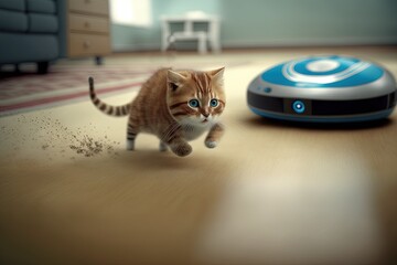 Cat kitten play with robot vacuum cleaner at home illustration generative ai - obrazy, fototapety, plakaty