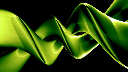 Illustration of 3D spiral twisted green shapes with effects on a black background