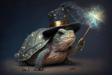 Naklejka na ściany i meble turtle wearing a wizard hat and casting a spell with its wand, surrounded by a cloud of glitter and stars illustration generative ai