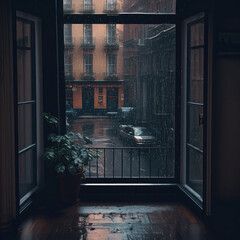 View of a rainy day in the city made by AI