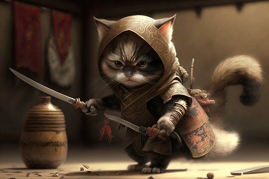 Cute Cat Ninja illustration generative ai