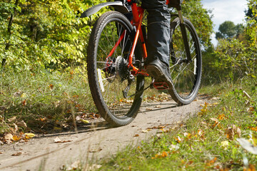 Sport and mountain bike. Autumn fields and bicycle.