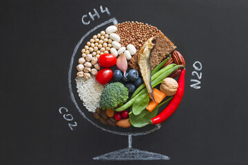 Food products good for health and planet, globe abstraction with greenhouse gases on chalkboard,...