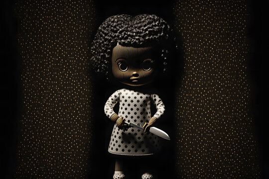 One evil scary doll with knife on a black background created with generative AI technology