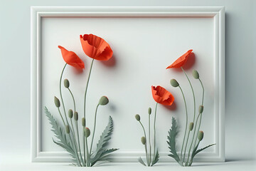 White square frame with poppy flowers. Remembrance Day concept. Generative AI