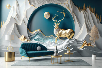 Drawing resin geode and abstract art, functional art. colorful tree, mountain, golden deer and gold waves, generative AI