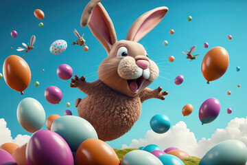 happy cartoon Easter bunny with eggs flying everywhere, generative AI