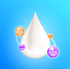 Omega DHA and ARA ring surrounds the milk droplets isolated on blue background. Vitamins protein containing essential amino acids for infant. Design products kids food. Medical concepts. 3D Vector. © Adisak