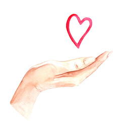 Woman's hand with a heart. Hand drawn watercolor for postcards