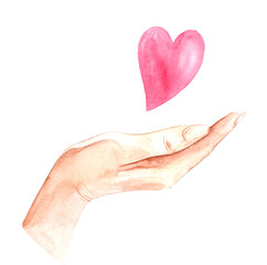 Woman's hand with a heart. Hand drawn watercolor for postcards