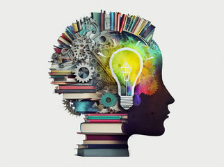 Human head made of gears and books with light bulb shape inside - obrazy, fototapety, plakaty