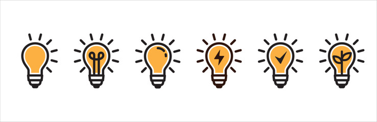 Light bulb icon set. Lamp icons. Idea light bulb symbol collection. Simple line and flat design style. Black and yellow color. Vector stock illustration.
