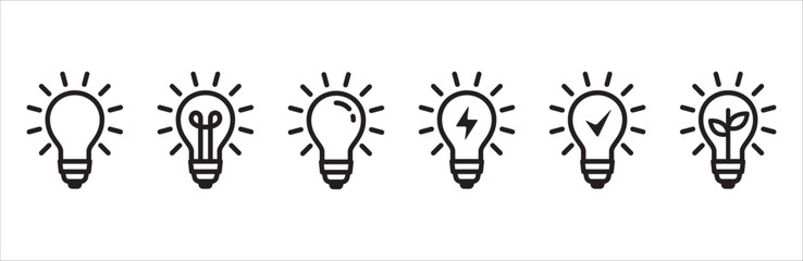 Light bulb icon set. Lamp icons. Idea light bulb symbol collection. Glow light bulb represents ideas and innovation. Outline vector stock illustration.