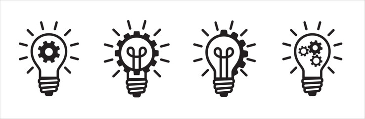 Innovation icon set. Light bulb and cog vector icons. Lamp and gear inspiration symbol. Vector stock illustration.
