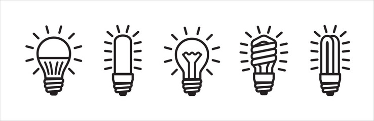 Light bulb icon set. Lamp icons. Idea light bulb symbol collection. Glow light bulb represents ideas and innovation. Outline vector stock illustration. Spiral and U shape lamp.