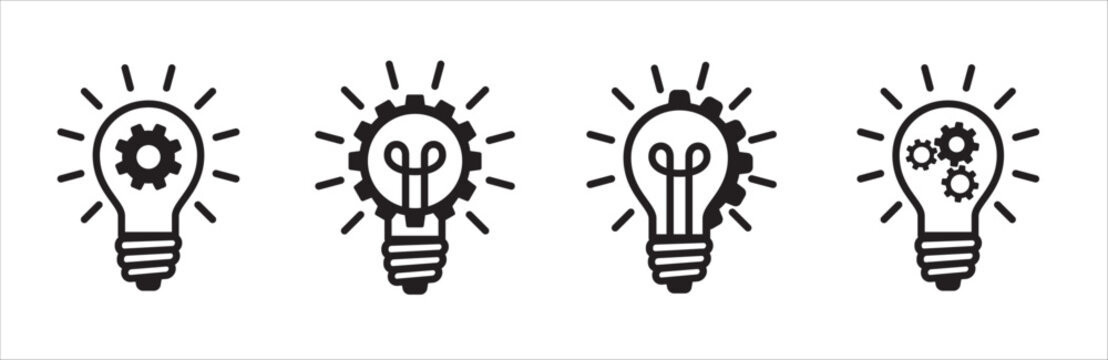 Innovation icon set. Light bulb and cog vector icons. Lamp and gear inspiration symbol. Vector stock illustration.