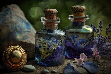 lavender essential oil bottles. Generative AI image. - obrazy, fototapety, plakaty