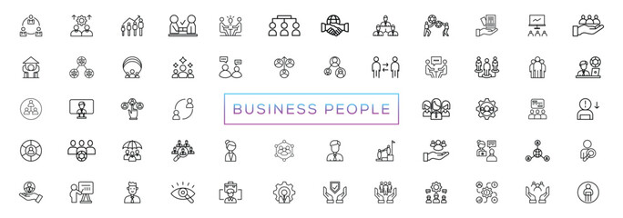 Business people line icons set. Businessman outline icons collection. Teamwork, human resources, meeting, partnership, meeting, work group, success, resume