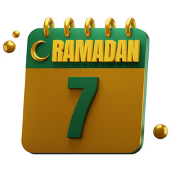 3D Day 7 of Ramadan Month. Islamic Calendar Illustration. Hijri Date. Green and Gold Color.