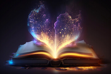 Magic Book With Open Pages And Abstract Lights Shining In Darkness. Generative AI