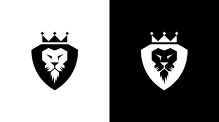 Lion king with crown logo vector shield monogram black and white icon style Design template