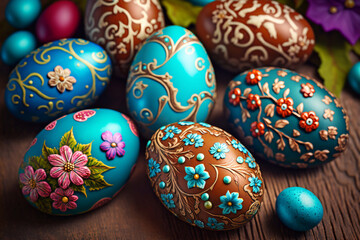 Fototapeta na wymiar Happy Easter Day. Top view holiday banner background design with easter colorful eggs. Generative AI