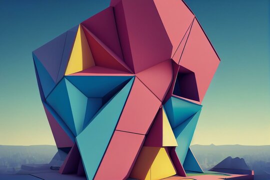 Colorful 360 degree abstract panoramic background: geometric building of cement. (Car backplate, 3D rendering computer digitally generated illustration.). Generative AI