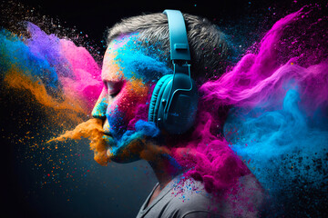 Obraz na płótnie Canvas Headphone and vivid color powder. Creative music and festival concept. Generative Ai.