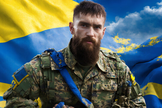 Ukrainian male soldier on flag background. Blue and yellow. Generative AI