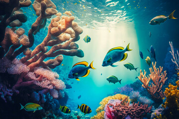 Fototapeta na wymiar Colorful tropical fish coral scene background. Generative AI