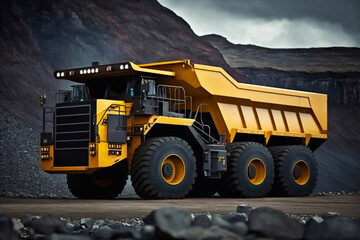 Big yellow mining truck for a coal quarry in an open pit mine. Generative AI