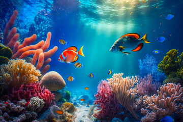 Underwater Scene With Coral Reef And Exotic Fishes. Generative AI