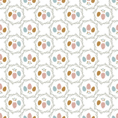 Seamless pattern with Easter eggs and flowers. Flowers, eggs, easter, spring. Textile, print, spring festival.