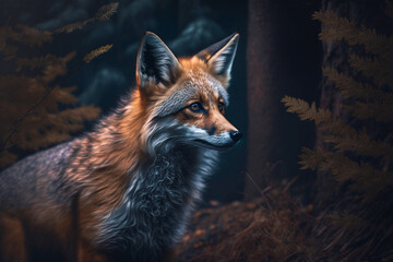 Red fox standing in the forest. Generative AI