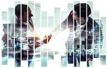Business handshake on finance prosperity and money technology asset background . Economy and...