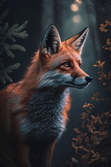 Red fox in the green forest. Generative AI.