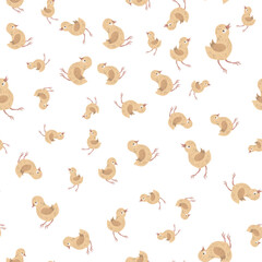 Seamless pattern with chickens, chicks. Poultry, farm. Cute baby print. Vector graphics.