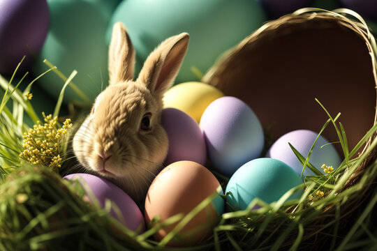 A cute Easter bunny snuggled up in a cozy nest shaped basket, surrounded by flowers, Easter eggs, and soft green grass. Generative AI.