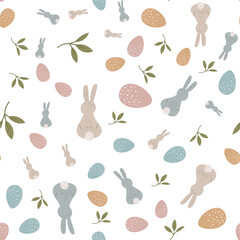 Seamless pattern with rabbits. Hare, Easter, spring, flowers. Childish cute print. Vector graphics.