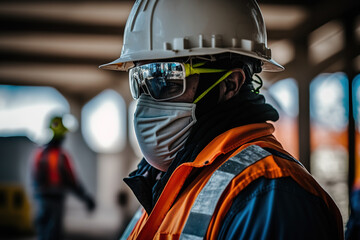 The rescue man or industrial expert worker in fully safety PPE such as helmet, face shield and mask is working in the risk workplace. Generative Ai image.