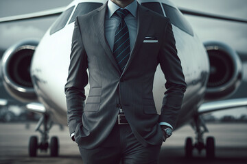 A gentleman is business suit is standing in front of the private jet. The Billionaire, businessman successful concept scene. Generative Ai image. - obrazy, fototapety, plakaty