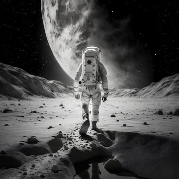 Black and white AI image of an astronaut walking on the lunar soil with view of the earth on the distance.
